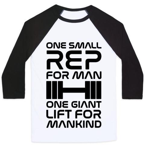 Virgin Teez  Baseball Tee Unisex Classic Baseball Tee / x-small / White/Black ONE SMALL REP FOR MAN ONE GIANT LIFT FOR MANKIND LIFTING QUOTE PARODY UNISEX CLASSIC BASEBALL TEE