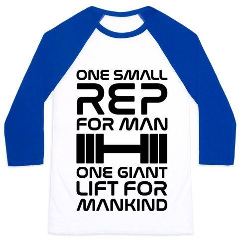Virgin Teez  Baseball Tee Unisex Classic Baseball Tee / x-small / White/Blue ONE SMALL REP FOR MAN ONE GIANT LIFT FOR MANKIND LIFTING QUOTE PARODY UNISEX CLASSIC BASEBALL TEE
