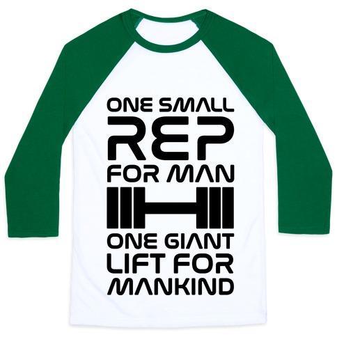 Virgin Teez  Baseball Tee Unisex Classic Baseball Tee / x-small / White/Dark Green ONE SMALL REP FOR MAN ONE GIANT LIFT FOR MANKIND LIFTING QUOTE PARODY UNISEX CLASSIC BASEBALL TEE