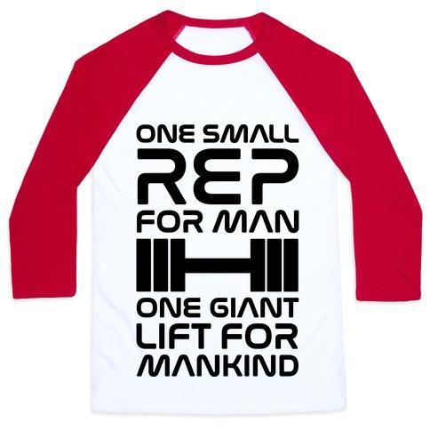 Virgin Teez  Baseball Tee Unisex Classic Baseball Tee / x-small / White/Red ONE SMALL REP FOR MAN ONE GIANT LIFT FOR MANKIND LIFTING QUOTE PARODY UNISEX CLASSIC BASEBALL TEE