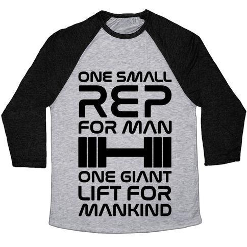 Virgin Teez  Baseball Tee Unisex Tri-Blend Baseball Tee / small / Athletic Gray / Black ONE SMALL REP FOR MAN ONE GIANT LIFT FOR MANKIND LIFTING QUOTE PARODY UNISEX TRI-BLEND BASEBALL TEE