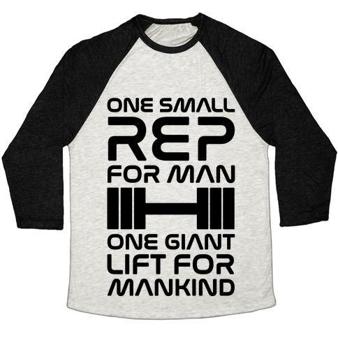 Virgin Teez  Baseball Tee Unisex Tri-Blend Baseball Tee / small / Oatmeal / Black ONE SMALL REP FOR MAN ONE GIANT LIFT FOR MANKIND LIFTING QUOTE PARODY UNISEX TRI-BLEND BASEBALL TEE