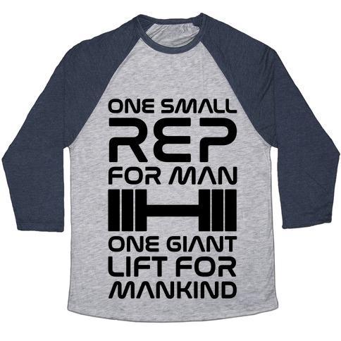 Virgin Teez  Baseball Tee Unisex Tri-Blend Baseball Tee / small / Athletic Gray / Navy ONE SMALL REP FOR MAN ONE GIANT LIFT FOR MANKIND LIFTING QUOTE PARODY UNISEX TRI-BLEND BASEBALL TEE