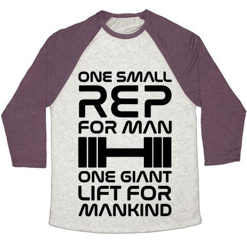 Virgin Teez  Baseball Tee Unisex Tri-Blend Baseball Tee / small / Oatmeal / Maroon ONE SMALL REP FOR MAN ONE GIANT LIFT FOR MANKIND LIFTING QUOTE PARODY UNISEX TRI-BLEND BASEBALL TEE