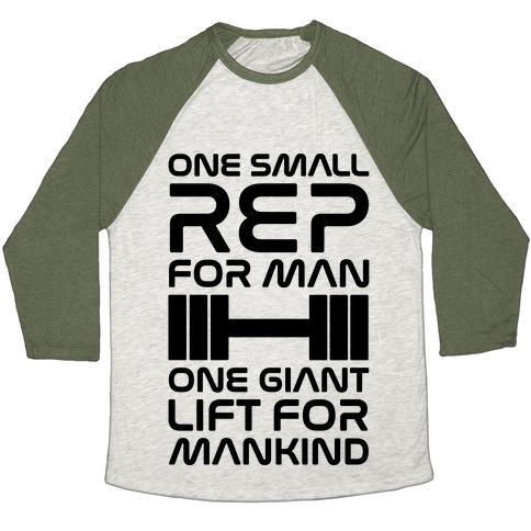 Virgin Teez  Baseball Tee Unisex Tri-Blend Baseball Tee / small / Oatmeal / Moss ONE SMALL REP FOR MAN ONE GIANT LIFT FOR MANKIND LIFTING QUOTE PARODY UNISEX TRI-BLEND BASEBALL TEE