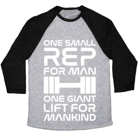 Virgin Teez  Baseball Tee Unisex Tri-Blend Baseball Tee / small / Athletic Gray / Black ONE SMALL REP FOR MAN ONE GIANT LIFT FOR MANKIND LIFTING QUOTE PARODY WHITE PRINT UNISEX TRI-BLEND BASEBALL TEE