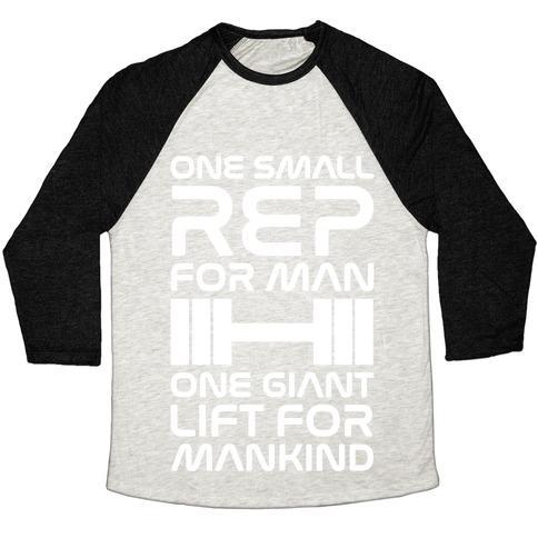 Virgin Teez  Baseball Tee Unisex Tri-Blend Baseball Tee / small / Oatmeal / Black ONE SMALL REP FOR MAN ONE GIANT LIFT FOR MANKIND LIFTING QUOTE PARODY WHITE PRINT UNISEX TRI-BLEND BASEBALL TEE