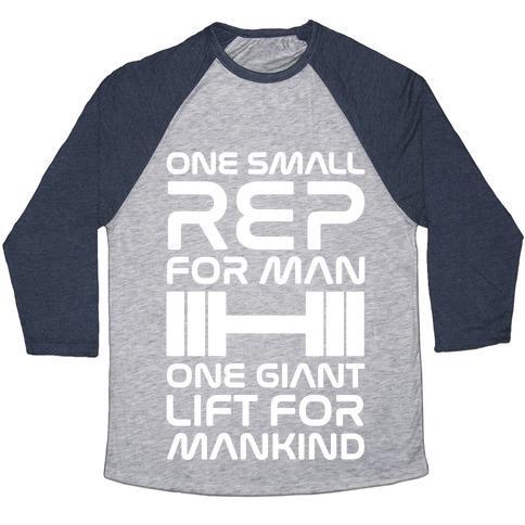 Virgin Teez  Baseball Tee Unisex Tri-Blend Baseball Tee / small / Athletic Gray / Navy ONE SMALL REP FOR MAN ONE GIANT LIFT FOR MANKIND LIFTING QUOTE PARODY WHITE PRINT UNISEX TRI-BLEND BASEBALL TEE