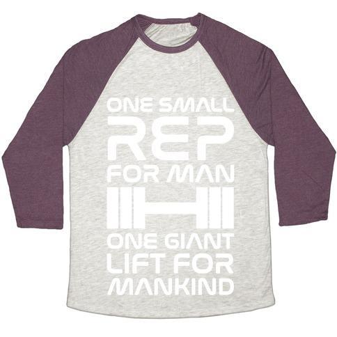 Virgin Teez  Baseball Tee Unisex Tri-Blend Baseball Tee / small / Oatmeal / Maroon ONE SMALL REP FOR MAN ONE GIANT LIFT FOR MANKIND LIFTING QUOTE PARODY WHITE PRINT UNISEX TRI-BLEND BASEBALL TEE