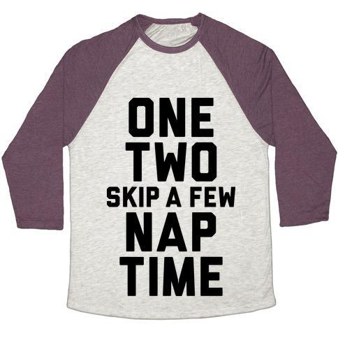 Virgin Teez  Baseball Tee Unisex Tri-Blend Baseball Tee / small / Oatmeal / Maroon ONE, TWO, SKIP A FEW, NAP TIME UNISEX TRI-BLEND BASEBALL TEE