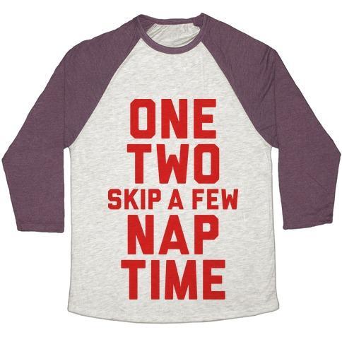 Virgin Teez  Baseball Tee Unisex Tri-Blend Baseball Tee / small / Oatmeal / Maroon ONE, TWO, SKIP A FEW, NAP TIME UNISEX TRI-BLEND BASEBALL TEE