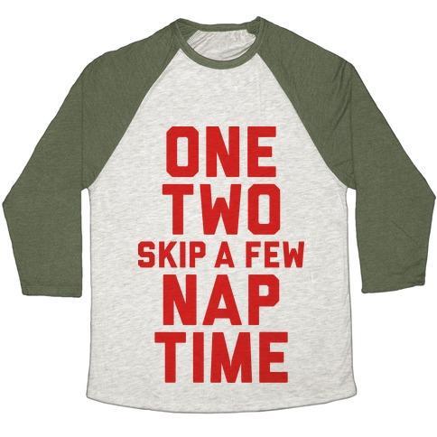 Virgin Teez  Baseball Tee Unisex Tri-Blend Baseball Tee / small / Oatmeal / Moss ONE, TWO, SKIP A FEW, NAP TIME UNISEX TRI-BLEND BASEBALL TEE
