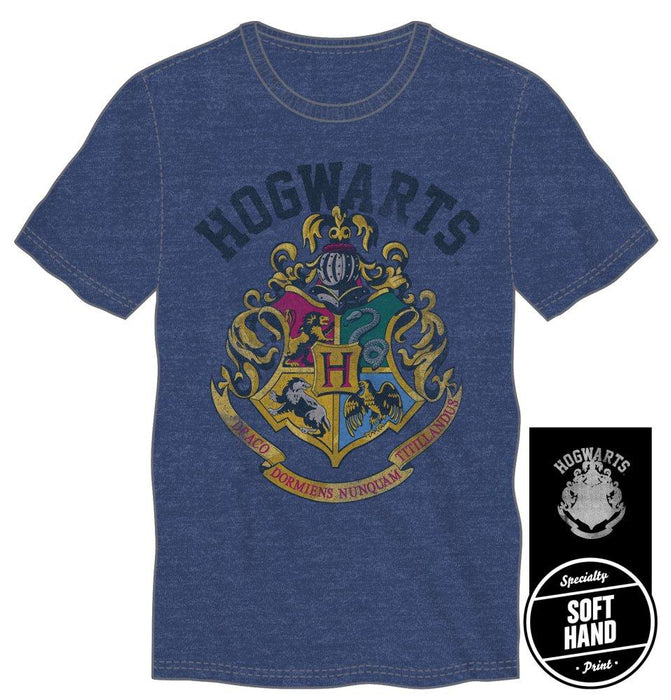 Harry Potter Hogwarts Crest and Motto Draco Dormiens Nunquam Titillandus Men's Blue T-Shirt