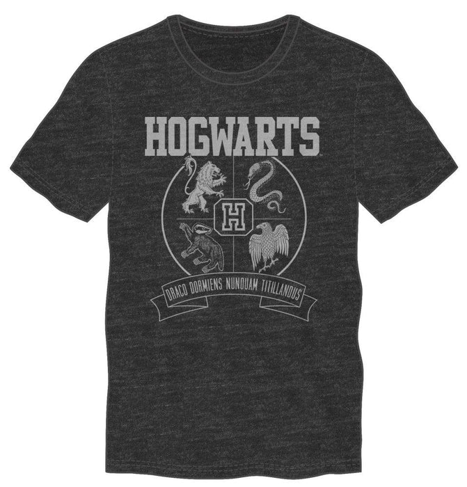 Harry Potter Hogwarts Crest and Motto Draco Dormiens Nunquam Titillandus Men's Dark Gray T-Shirt