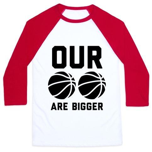 Virgin Teez  Baseball Tee Unisex Classic Baseball Tee / x-small / White/Red OUR BASKETBALLS ARE BIGGER UNISEX CLASSIC BASEBALL TEE