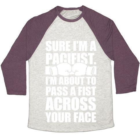 Virgin Teez  Baseball Tee Unisex Tri-Blend Baseball Tee / small / Oatmeal / Maroon PACIFIST (WHITE INK) UNISEX TRI-BLEND BASEBALL TEE