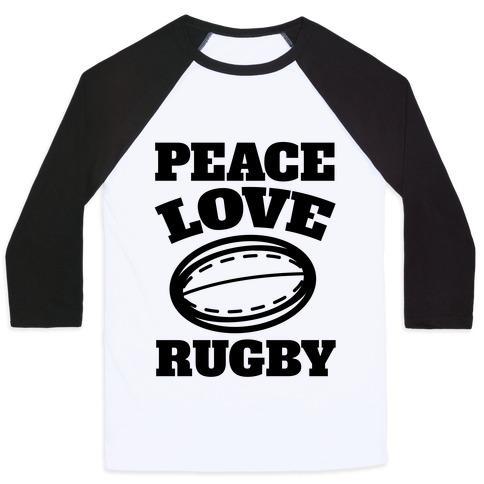 Virgin Teez  Baseball Tee Unisex Classic Baseball Tee / x-small / White/Black PEACE LOVE RUGBY UNISEX CLASSIC BASEBALL TEE