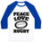Virgin Teez  Baseball Tee Unisex Classic Baseball Tee / x-small / White/Blue PEACE LOVE RUGBY UNISEX CLASSIC BASEBALL TEE