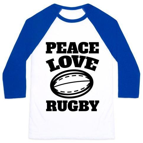 Virgin Teez  Baseball Tee Unisex Classic Baseball Tee / x-small / White/Blue PEACE LOVE RUGBY UNISEX CLASSIC BASEBALL TEE