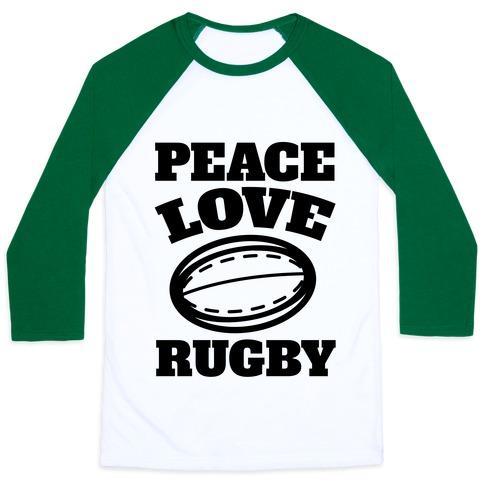 Virgin Teez  Baseball Tee Unisex Classic Baseball Tee / x-small / White/Dark Green PEACE LOVE RUGBY UNISEX CLASSIC BASEBALL TEE