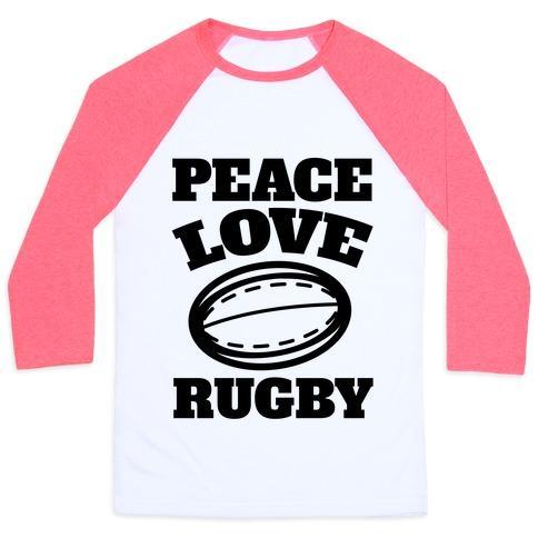 Virgin Teez  Baseball Tee Unisex Classic Baseball Tee / x-small / White/Neon Pink PEACE LOVE RUGBY UNISEX CLASSIC BASEBALL TEE