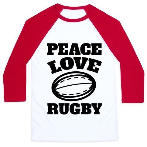 Virgin Teez  Baseball Tee Unisex Classic Baseball Tee / x-small / White/Red PEACE LOVE RUGBY UNISEX CLASSIC BASEBALL TEE
