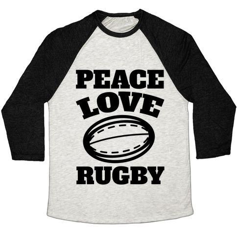 Virgin Teez  Baseball Tee Unisex Tri-Blend Baseball Tee / small / Oatmeal / Black PEACE LOVE RUGBY UNISEX TRI-BLEND BASEBALL TEE