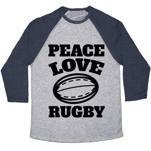 Virgin Teez  Baseball Tee Unisex Tri-Blend Baseball Tee / small / Athletic Gray / Navy PEACE LOVE RUGBY UNISEX TRI-BLEND BASEBALL TEE