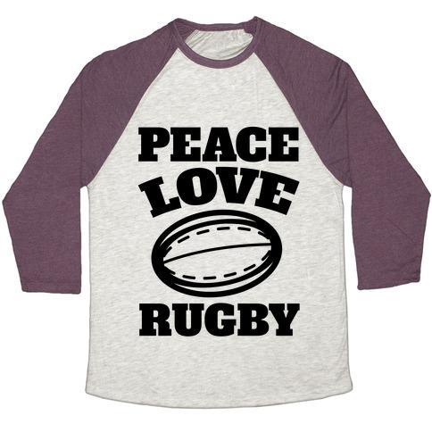 Virgin Teez  Baseball Tee Unisex Tri-Blend Baseball Tee / small / Oatmeal / Maroon PEACE LOVE RUGBY UNISEX TRI-BLEND BASEBALL TEE