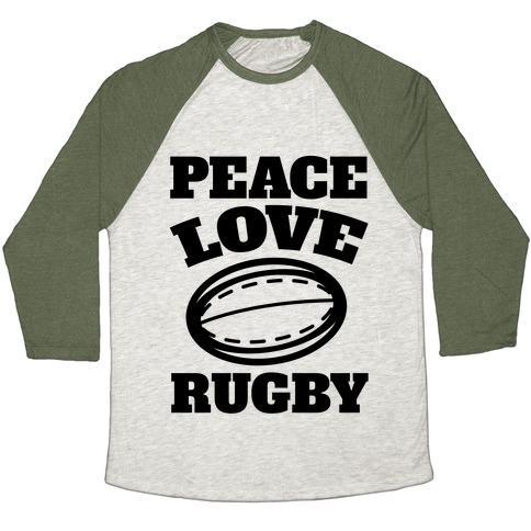 Virgin Teez  Baseball Tee Unisex Tri-Blend Baseball Tee / small / Oatmeal / Moss PEACE LOVE RUGBY UNISEX TRI-BLEND BASEBALL TEE