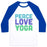 Virgin Teez  Baseball Tee Unisex Classic Baseball Tee / x-small / White/Blue PEACE LOVE YOGA UNISEX CLASSIC BASEBALL TEE
