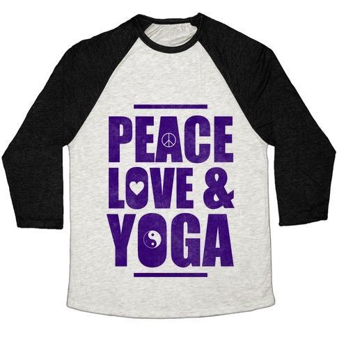 Virgin Teez  Baseball Tee Unisex Tri-Blend Baseball Tee / small / Oatmeal / Black PEACE LOVE & YOGA UNISEX TRI-BLEND BASEBALL TEE