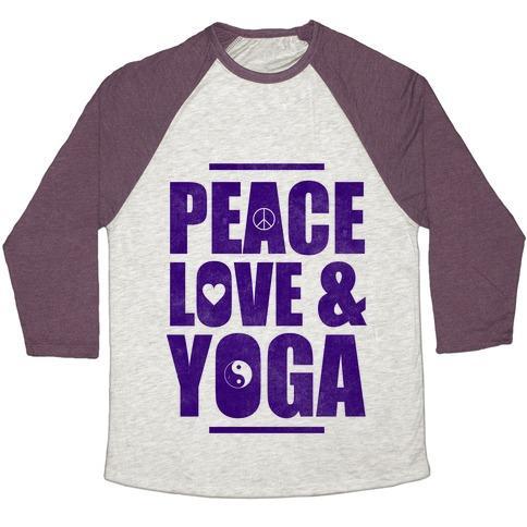 Virgin Teez  Baseball Tee Unisex Tri-Blend Baseball Tee / small / Oatmeal / Maroon PEACE LOVE & YOGA UNISEX TRI-BLEND BASEBALL TEE