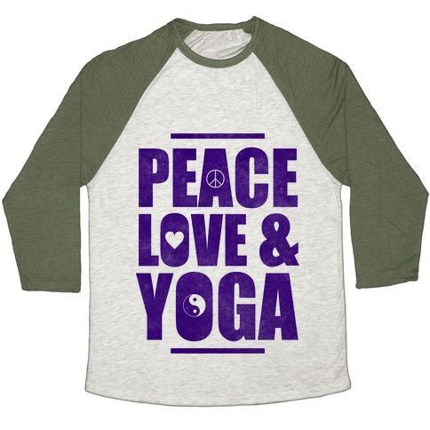 Virgin Teez  Baseball Tee Unisex Tri-Blend Baseball Tee / small / Oatmeal / Moss PEACE LOVE & YOGA UNISEX TRI-BLEND BASEBALL TEE