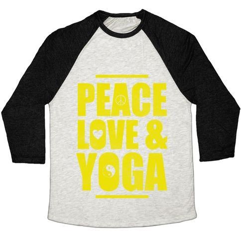 Virgin Teez  Baseball Tee Unisex Tri-Blend Baseball Tee / small / Oatmeal / Black PEACE LOVE YOGA UNISEX TRI-BLEND BASEBALL TEE