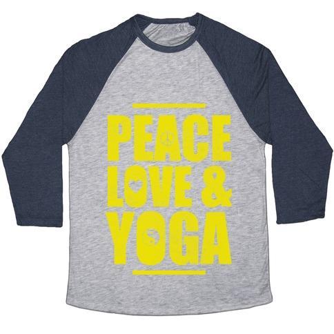 Virgin Teez  Baseball Tee Unisex Tri-Blend Baseball Tee / small / Athletic Gray / Navy PEACE LOVE YOGA UNISEX TRI-BLEND BASEBALL TEE