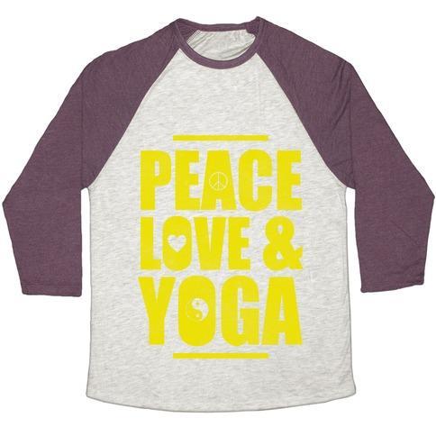 Virgin Teez  Baseball Tee Unisex Tri-Blend Baseball Tee / small / Oatmeal / Maroon PEACE LOVE YOGA UNISEX TRI-BLEND BASEBALL TEE