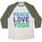 Virgin Teez  Baseball Tee Unisex Tri-Blend Baseball Tee / small / Oatmeal / Moss PEACE LOVE YOGA UNISEX TRI-BLEND BASEBALL TEE
