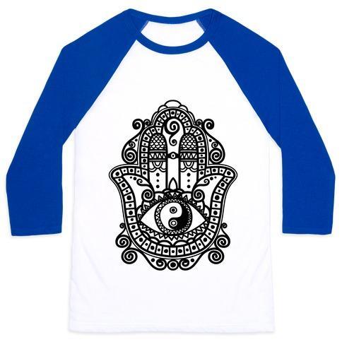 Virgin Teez  Baseball Tee Unisex Classic Baseball Tee / x-small / White/Blue PEACEFUL HAMSA HAND UNISEX CLASSIC BASEBALL TEE