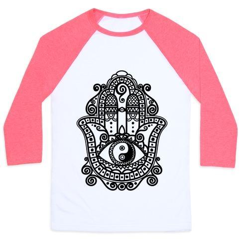 Virgin Teez  Baseball Tee Unisex Classic Baseball Tee / x-small / White/Neon Pink PEACEFUL HAMSA HAND UNISEX CLASSIC BASEBALL TEE