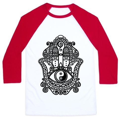 Virgin Teez  Baseball Tee Unisex Classic Baseball Tee / x-small / White/Red PEACEFUL HAMSA HAND UNISEX CLASSIC BASEBALL TEE