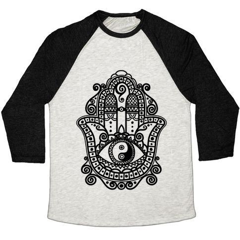 Virgin Teez  Baseball Tee Unisex Tri-Blend Baseball Tee / small / Oatmeal / Black PEACEFUL HAMSA HAND UNISEX TRI-BLEND BASEBALL TEE