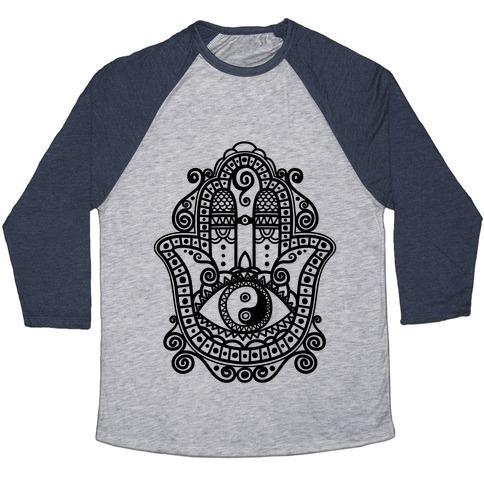 Virgin Teez  Baseball Tee Unisex Tri-Blend Baseball Tee / small / Athletic Gray / Navy PEACEFUL HAMSA HAND UNISEX TRI-BLEND BASEBALL TEE