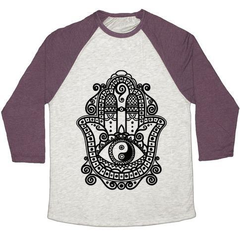 Virgin Teez  Baseball Tee Unisex Tri-Blend Baseball Tee / small / Oatmeal / Maroon PEACEFUL HAMSA HAND UNISEX TRI-BLEND BASEBALL TEE