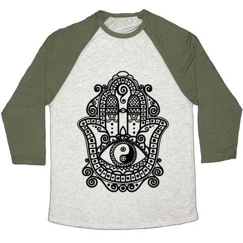 Virgin Teez  Baseball Tee Unisex Tri-Blend Baseball Tee / small / Oatmeal / Moss PEACEFUL HAMSA HAND UNISEX TRI-BLEND BASEBALL TEE