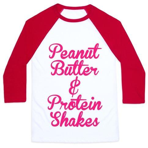 Virgin Teez  Baseball Tee Unisex Classic Baseball Tee / x-small / White/Red PEANUT BUTTER & PROTEIN SHAKES UNISEX CLASSIC BASEBALL TEE