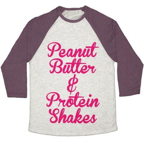 Virgin Teez  Baseball Tee Unisex Tri-Blend Baseball Tee / small / Oatmeal / Maroon PEANUT BUTTER & PROTEIN SHAKES UNISEX TRI-BLEND BASEBALL TEE