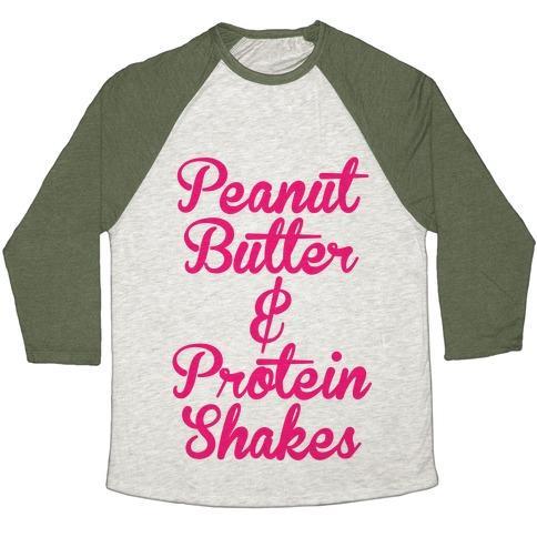 Virgin Teez  Baseball Tee Unisex Tri-Blend Baseball Tee / small / Oatmeal / Moss PEANUT BUTTER & PROTEIN SHAKES UNISEX TRI-BLEND BASEBALL TEE