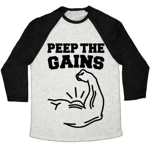 Virgin Teez  Baseball Tee Unisex Tri-Blend Baseball Tee / small / Oatmeal / Black PEEP THE GAINS UNISEX TRI-BLEND BASEBALL TEE