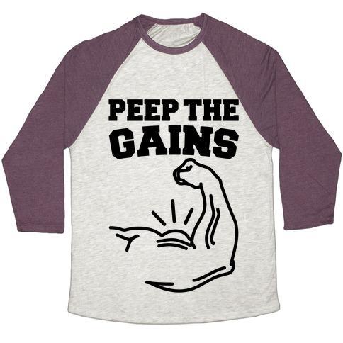 Virgin Teez  Baseball Tee Unisex Tri-Blend Baseball Tee / small / Oatmeal / Maroon PEEP THE GAINS UNISEX TRI-BLEND BASEBALL TEE